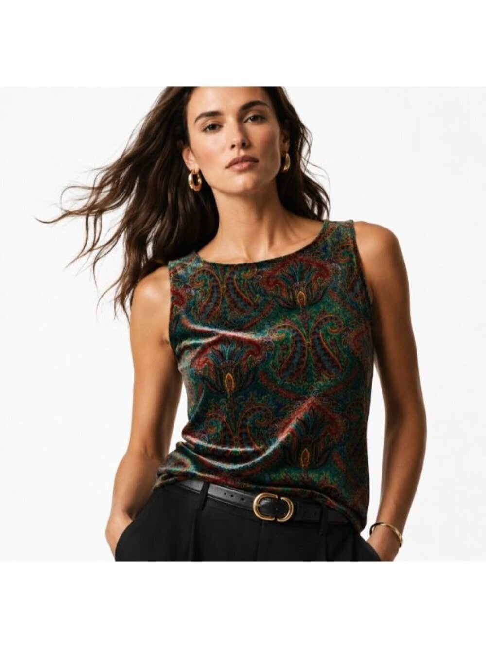 Vintage Chicos Design Velvet Paisley Tank Top L Large 2 Jewel Tone USA Made